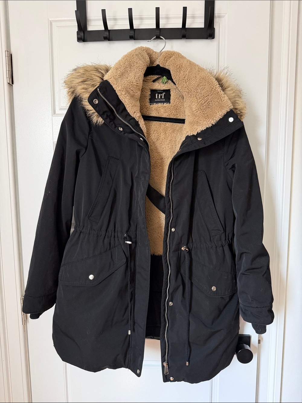 Zara Black Winter Coat/Jacket with Tan Faux-Sherpa Lining and Removable Hood